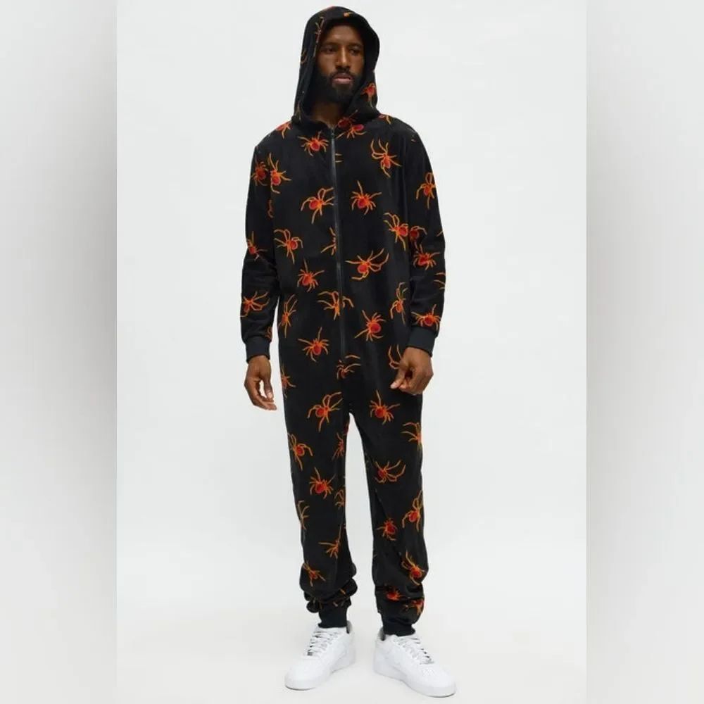 Adult Unisex Fleece Black Hooded Spider Print Union Suit Sleepwear Onsie